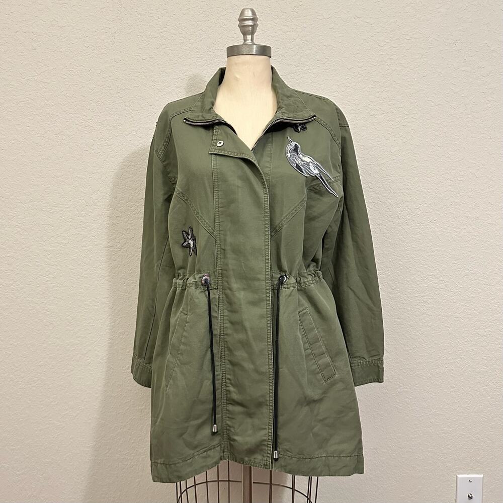 CABI Hanson Anorak Jacket Green Olive Embroidered Bird Linen Cotton
